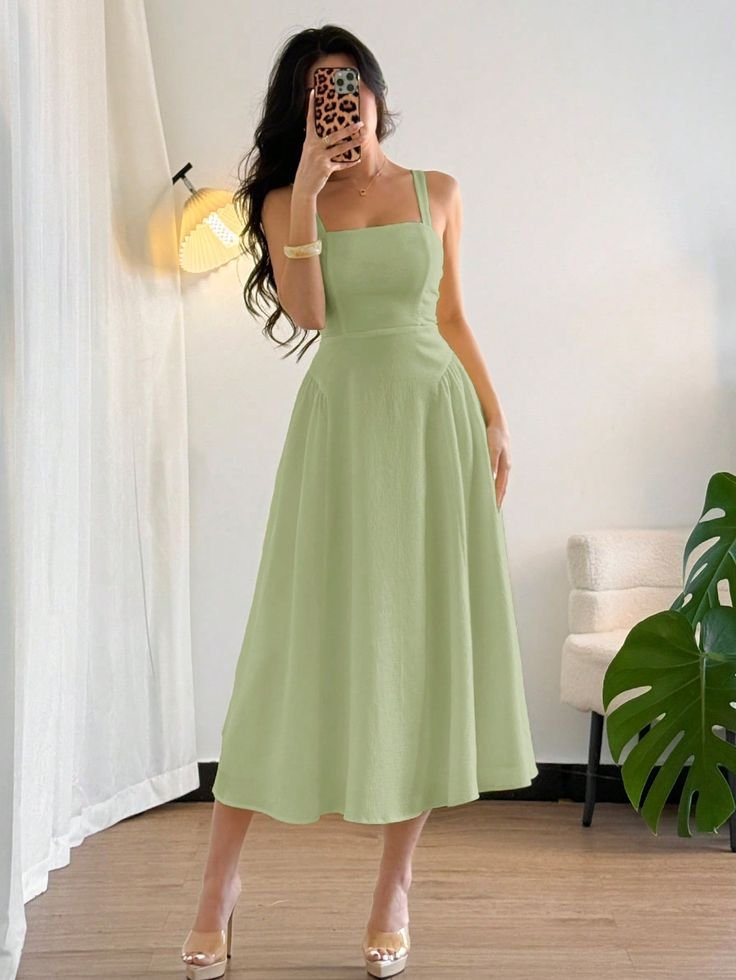 women's elegant simple vacation beach yellow seersucker fabric spaghetti strap cinched waist a line midi dress
